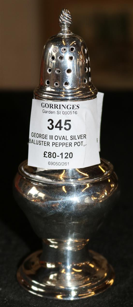 George III oval silver baluster pepper pot, London 1776